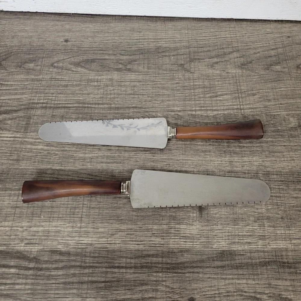 Vintage Cake Pie Server Set, Stainless Steel Blade,‎ Wood Handle, Serrated Edge